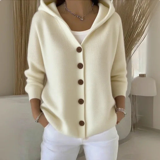 Ins Button Hooded Sweater Fashion Autumn And Winter Knitted Cardigan Casual Commuter Long Sleeve Top Women's Clothing - cas7m