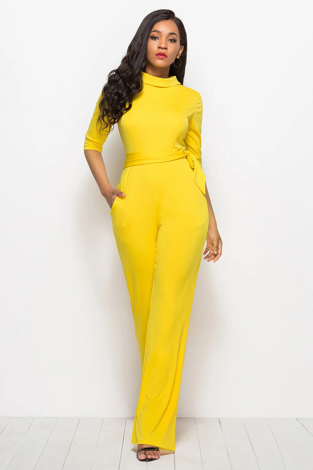 Mock Neck Tie-Waist Half Sleeve Jumpsuit - cas7m