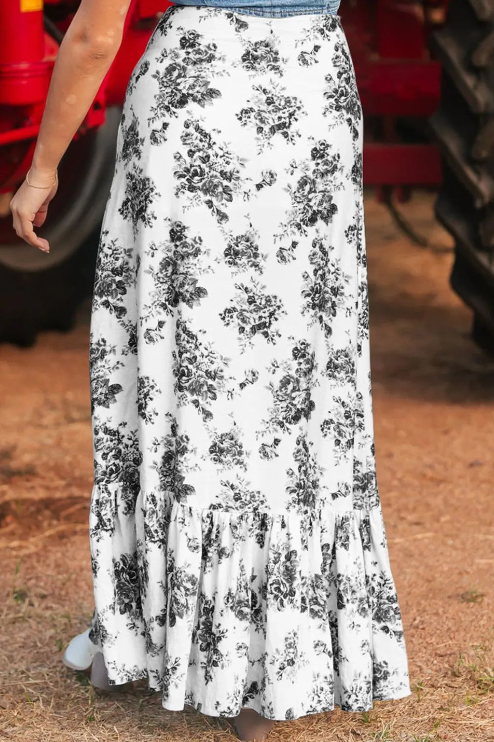 Boho Floral High Waist Ruffle Split Maxi Skirt - cas7m