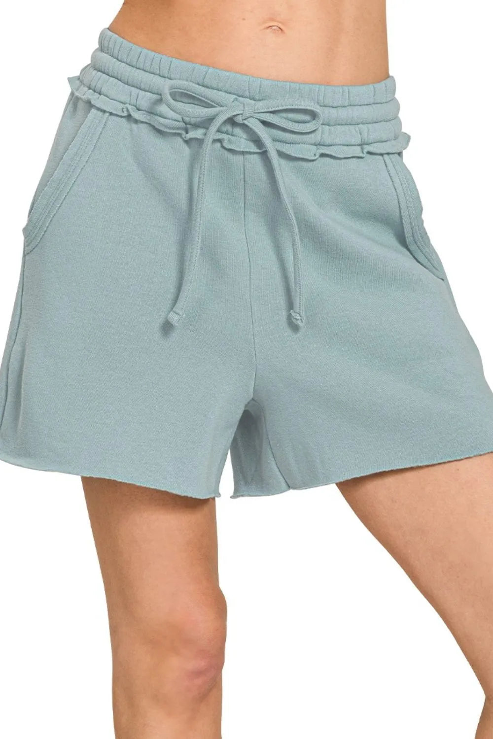 Zenana Fleece Raw Hem Shorts With Draw String - cas7m