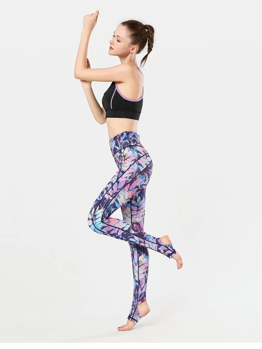 Printed Wide Waistband Active Leggings with Stirrups - cas7m