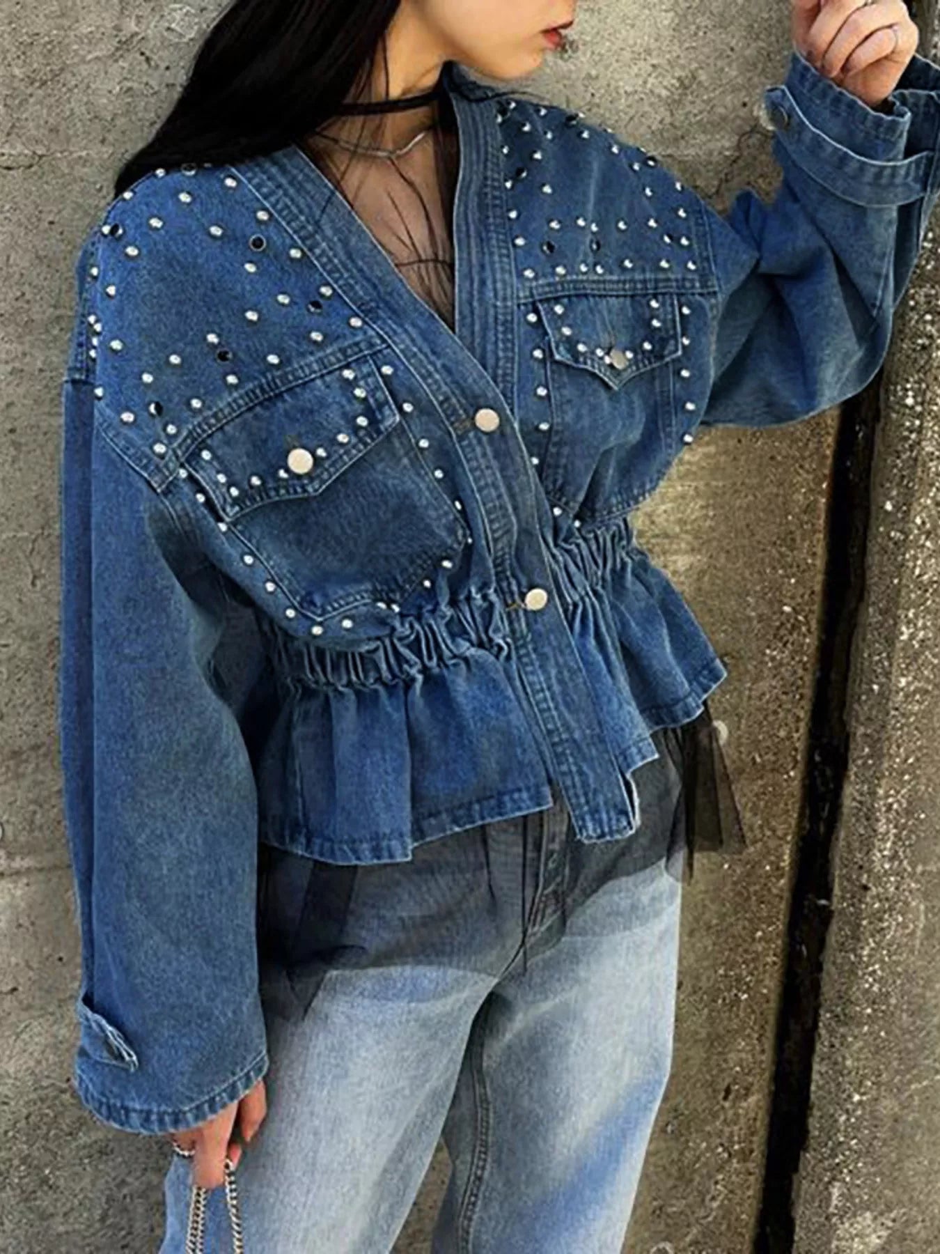 Studded Button Up Denim Jacket - cas7m
