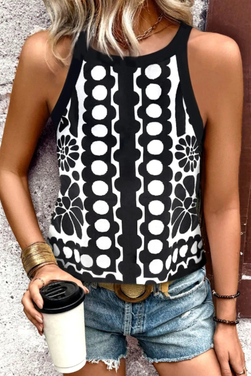 Geometric Print Sleeveless Tank Top - cas7m