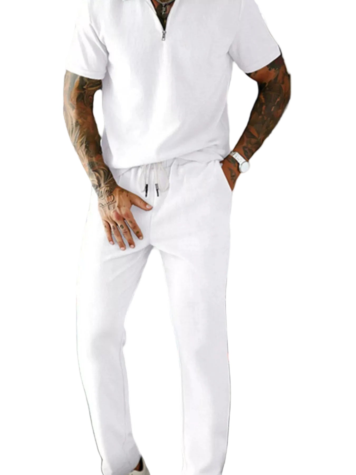 Men's Full Size Casual Zipper Polo Shirt and Drawstring Pants Set Plus Size - cas7m