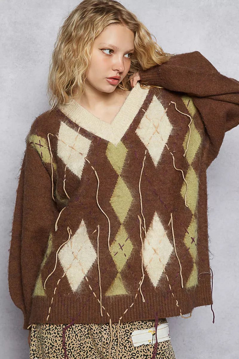 POL V-Neck Argyle Pattern Mohair Sweater with Contrast Exposed Stitch Detail - cas7m