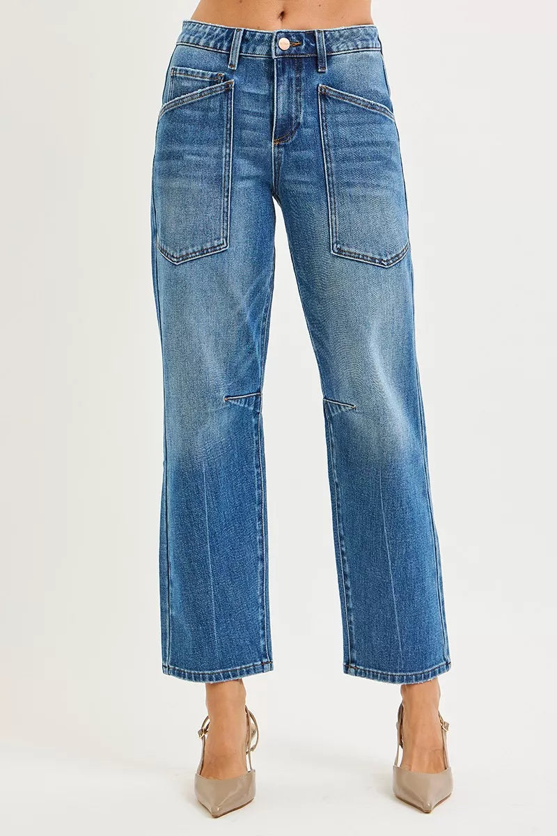 RISEN 4 Way Stretch Mid Rise Barrel Jeans with Patch Pocket Detail - cas7m