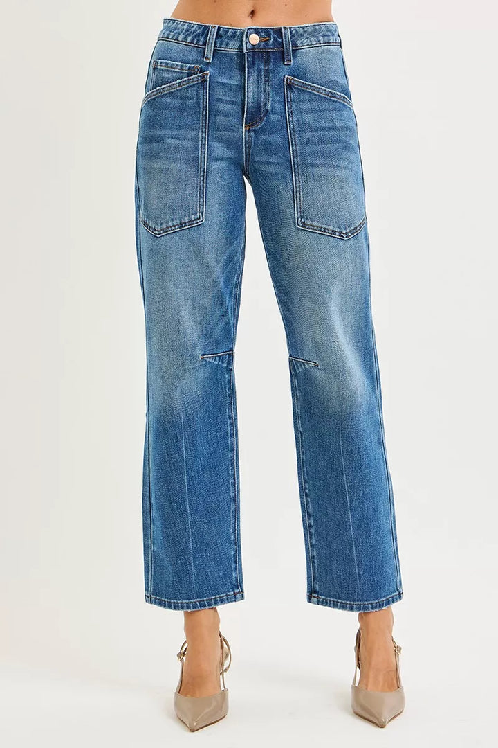 RISEN 4 Way Stretch Mid Rise Barrel Jeans with Patch Pocket Detail - cas7m