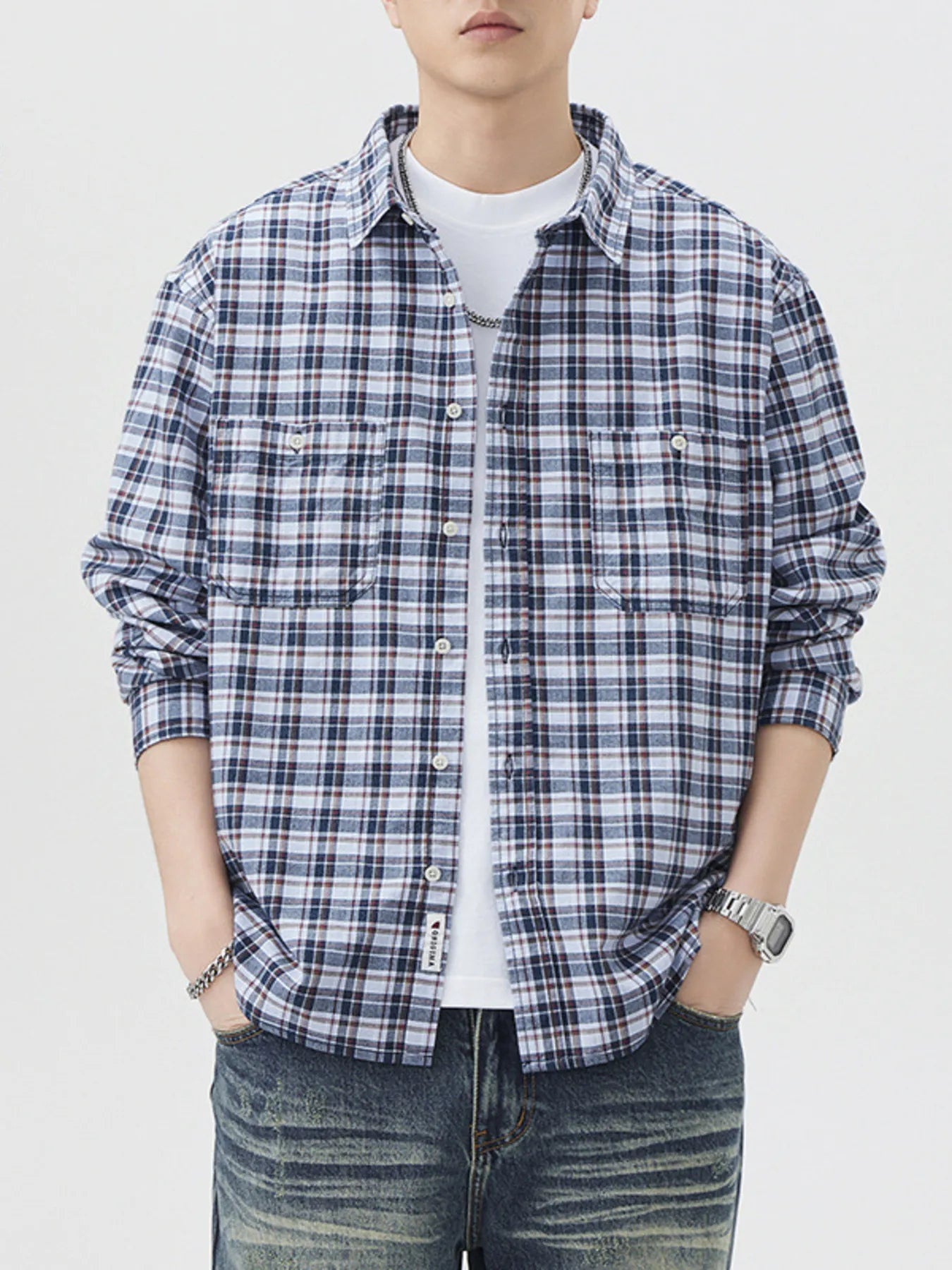 Men's Plus Size Plaid Button Up Long Sleeve Shirt - cas7m