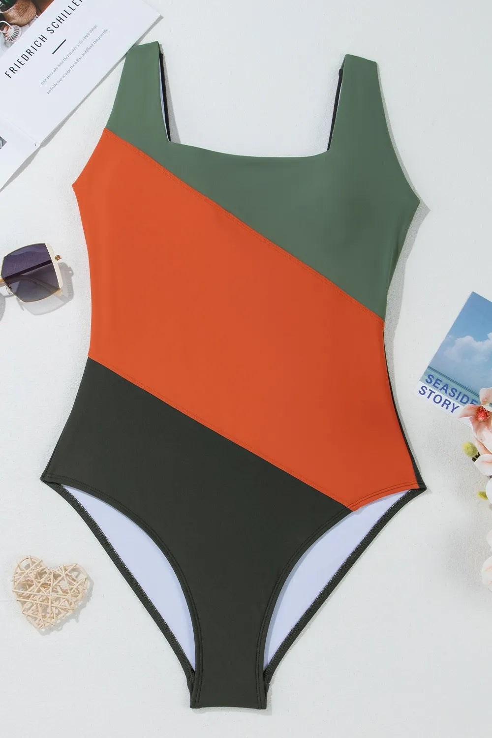 Color Block Padded Square Neck One Piece Swimsuit - cas7m