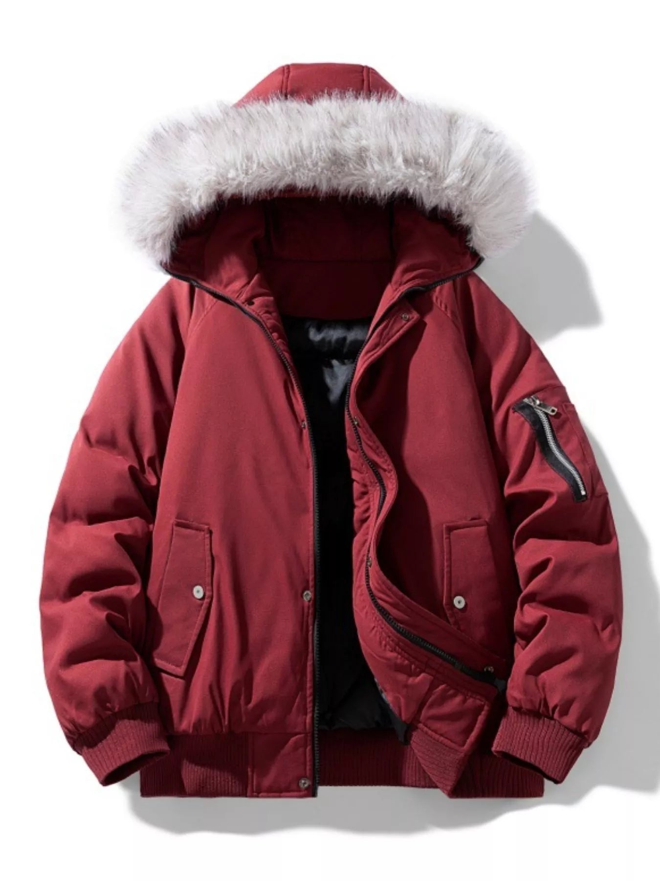 Men's Plus Size Faux Fur Hooded Padded Bomber Jacket - cas7m