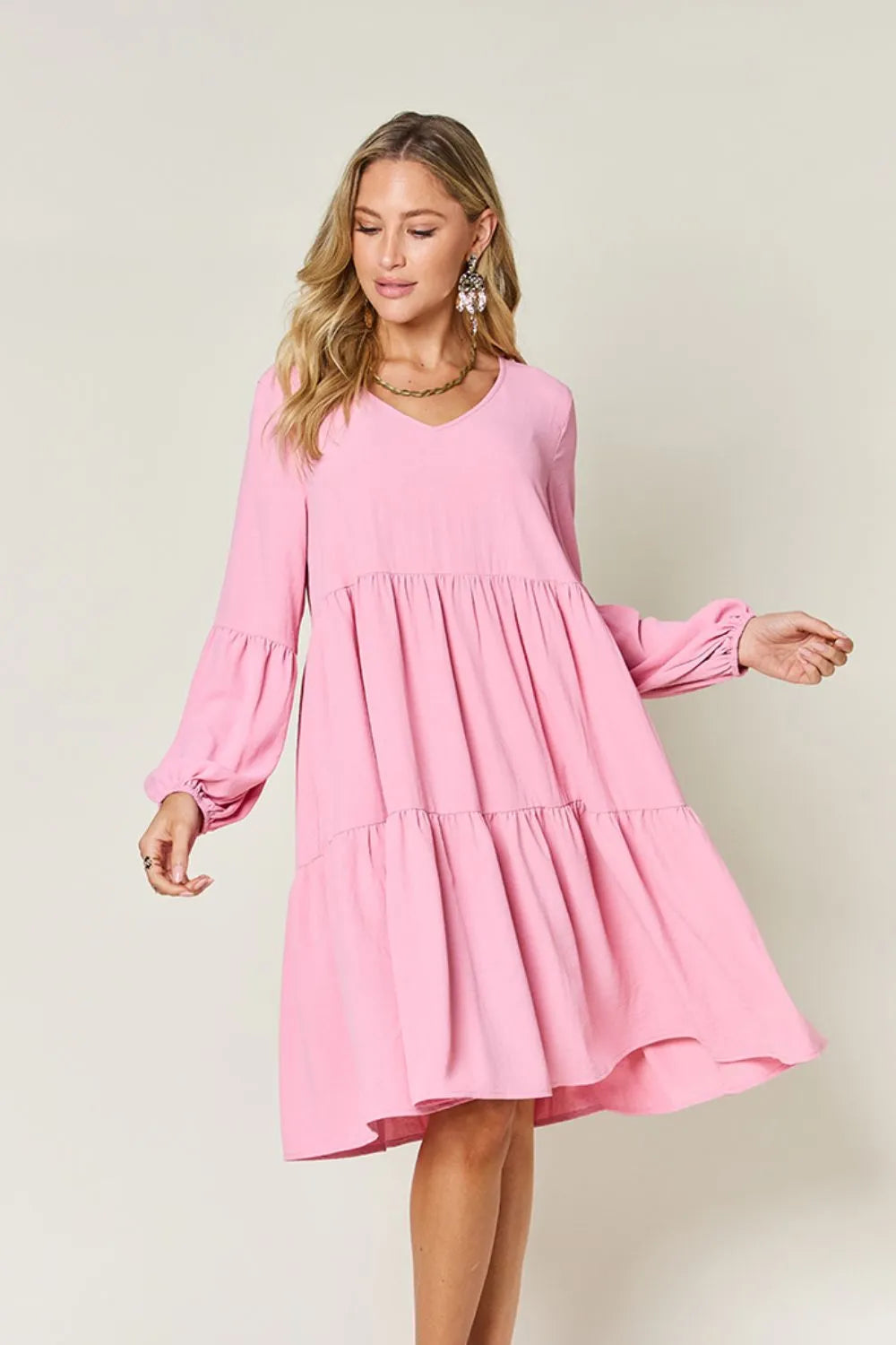 Double Take Full Size V-Neck Balloon Sleeve Tiered Dress with Pockets - cas7m