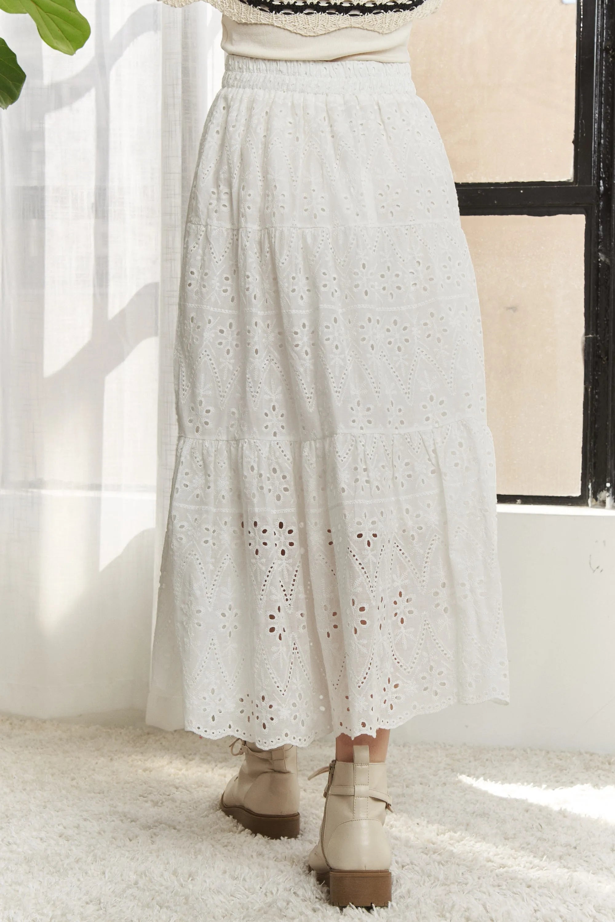 ADORA Elastic Waistband Tiered Midi Skirt - cas7m