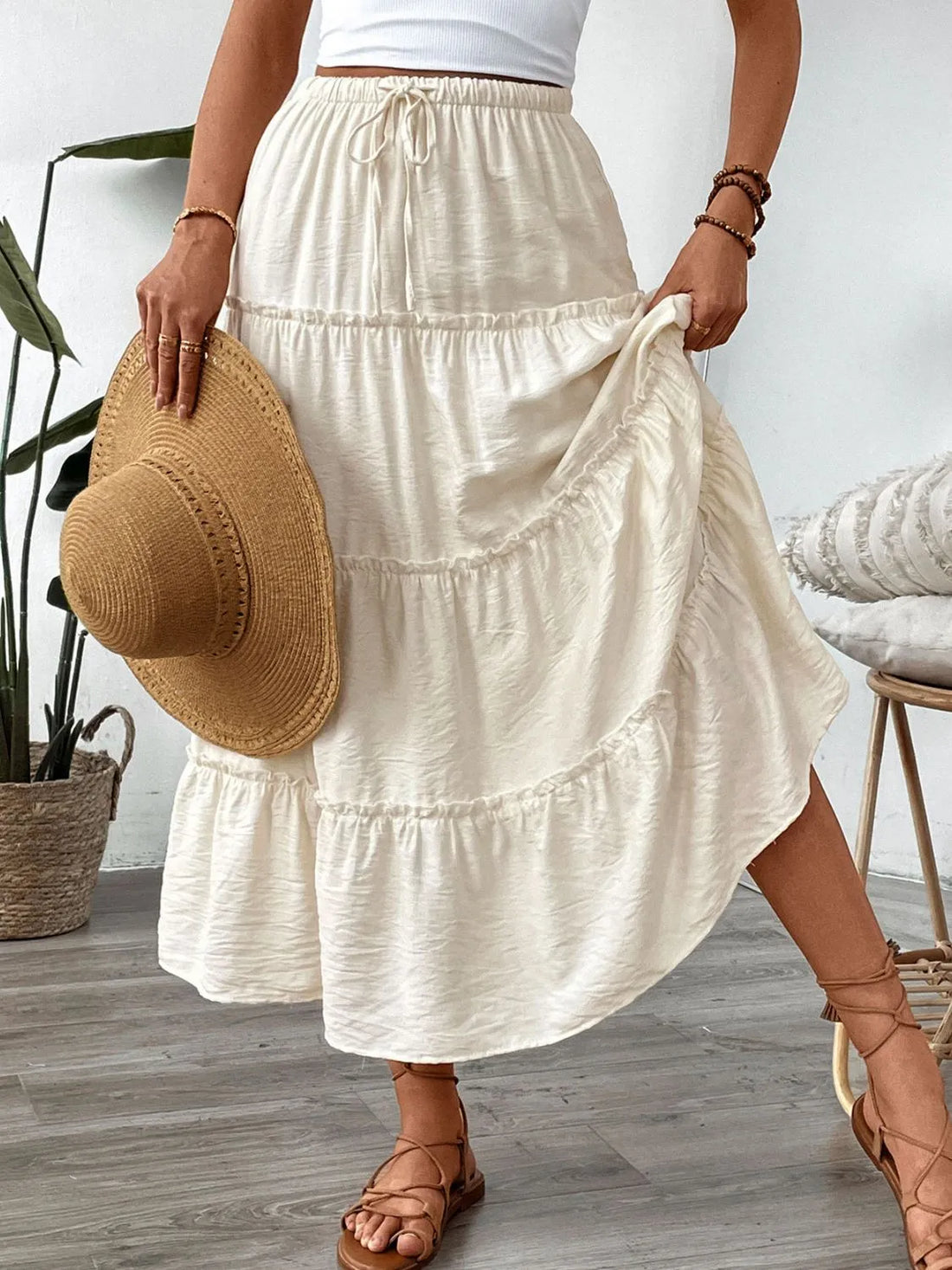 Drawstring Frill Tiered Skirt - cas7m