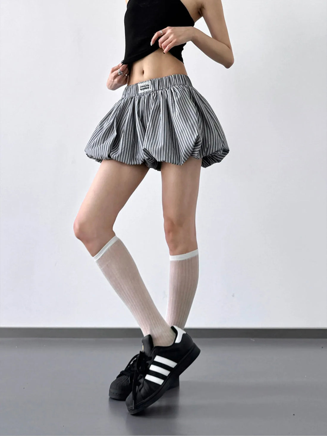 Striped Bubble Hem Casual Shorts - cas7m