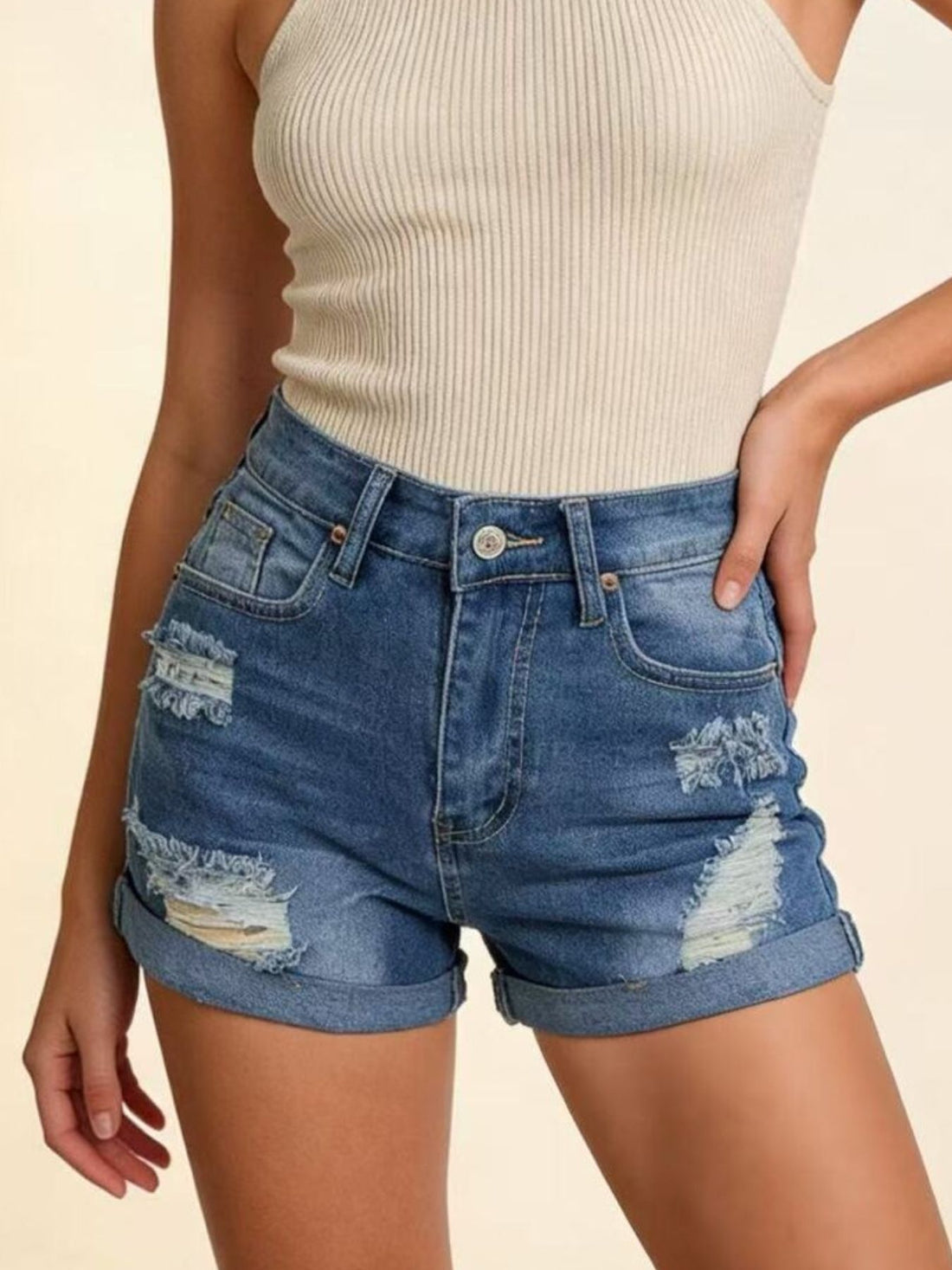 Distressed High-Waisted Denim Shorts - cas7m
