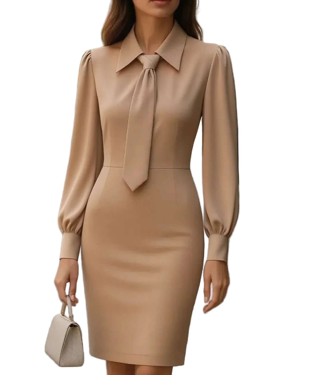 Women's Spring Autumn Long Sleeve Dress - Solid Color Waist Tie Fit A-Line Midi Dress For Daily Wear Work Business Outfit - cas7m