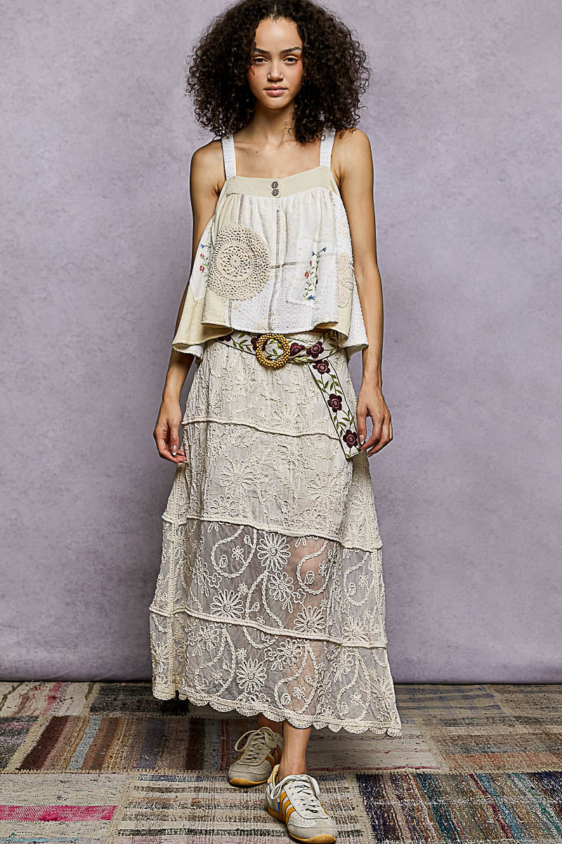 POL Floral Embroidered Tiered Crochet Skirt - cas7m