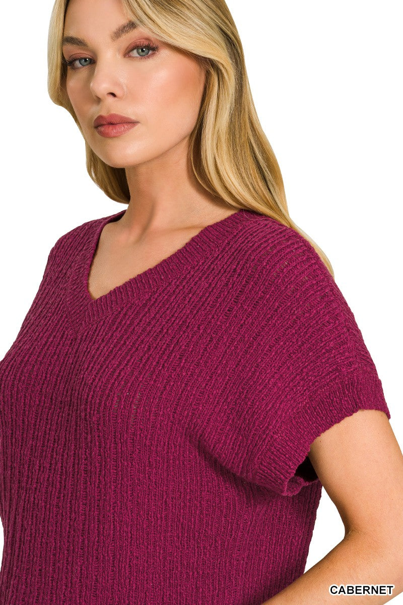 Zenana Textured Knit V-Neck Cropped Sweater - cas7m