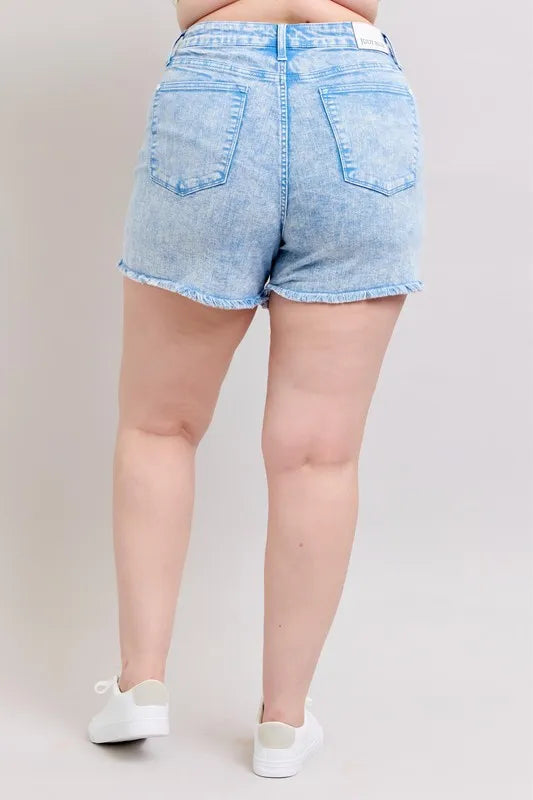 Mid-Rise Garment Dyed Denim Shorts with Raw Hem - cas7m