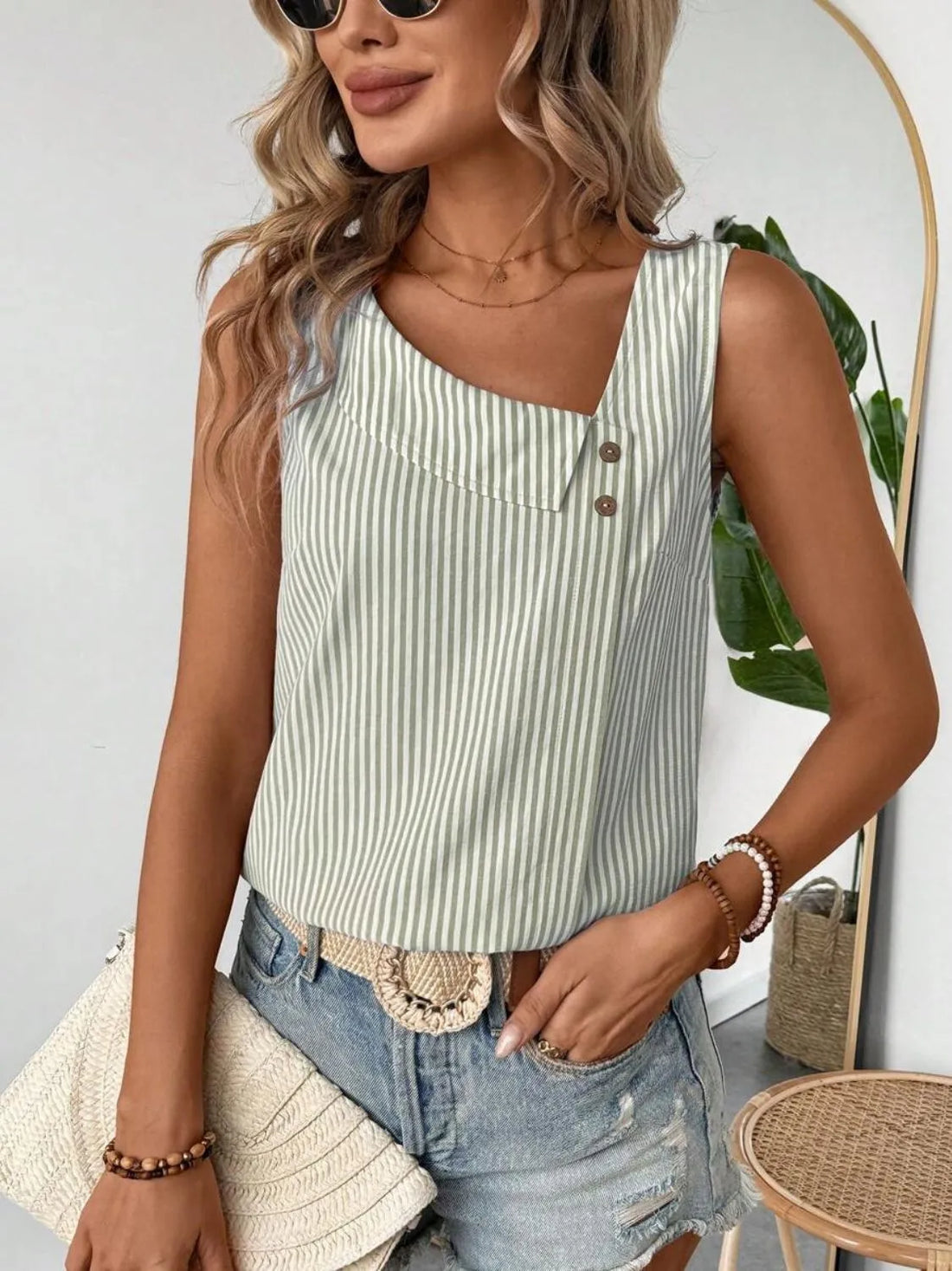 Decorative Button Asymmetrical Striped Tank - cas7m