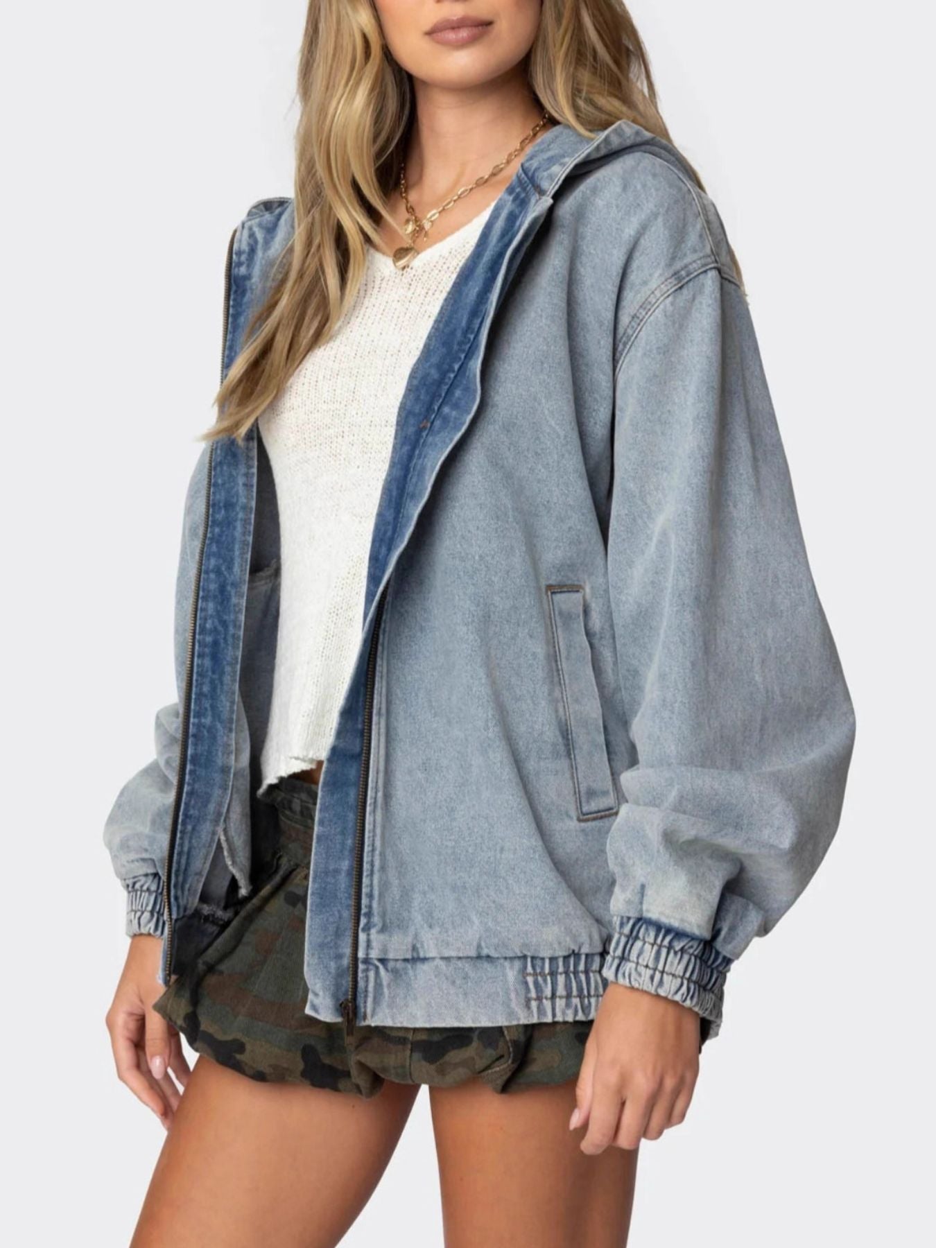 Hooded Oversized Zip Up Denim Jacket - cas7m
