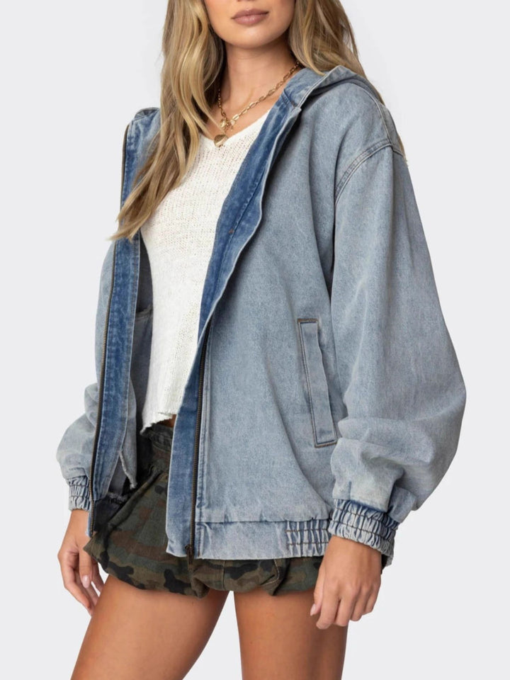 Hooded Oversized Zip Up Denim Jacket - cas7m