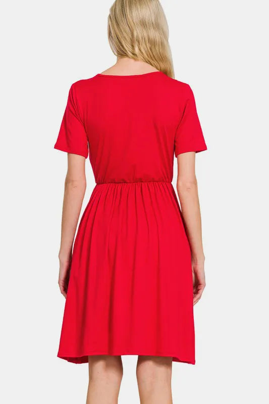 Zenana Surplice Short Sleeve Brushed DTY Dress - cas7m