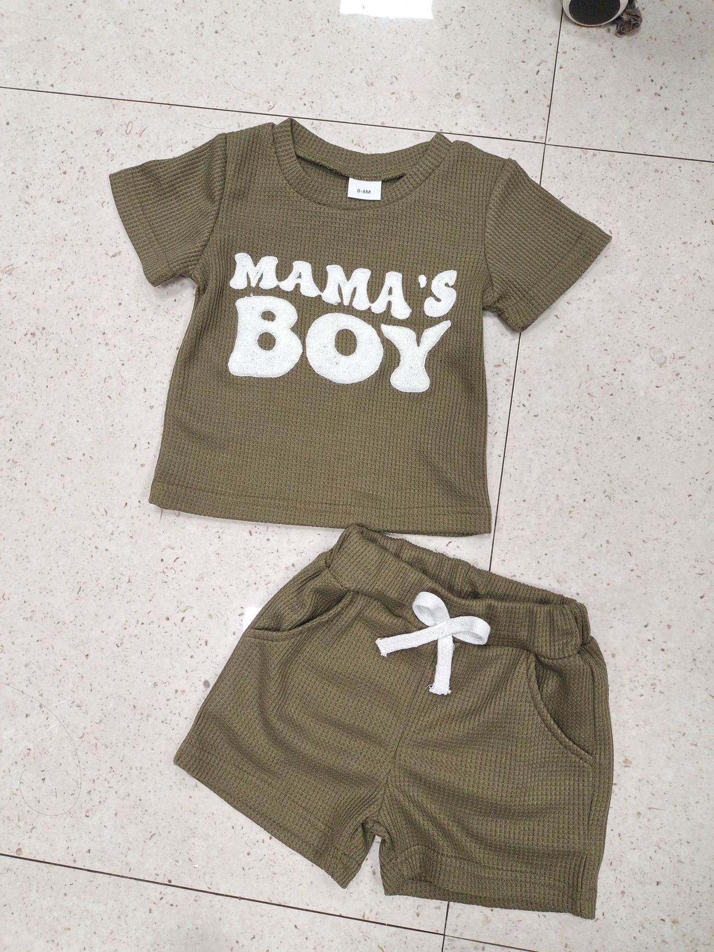 Waffle Towel Embroidery Short Sleeve Shorts Suit - cas7m