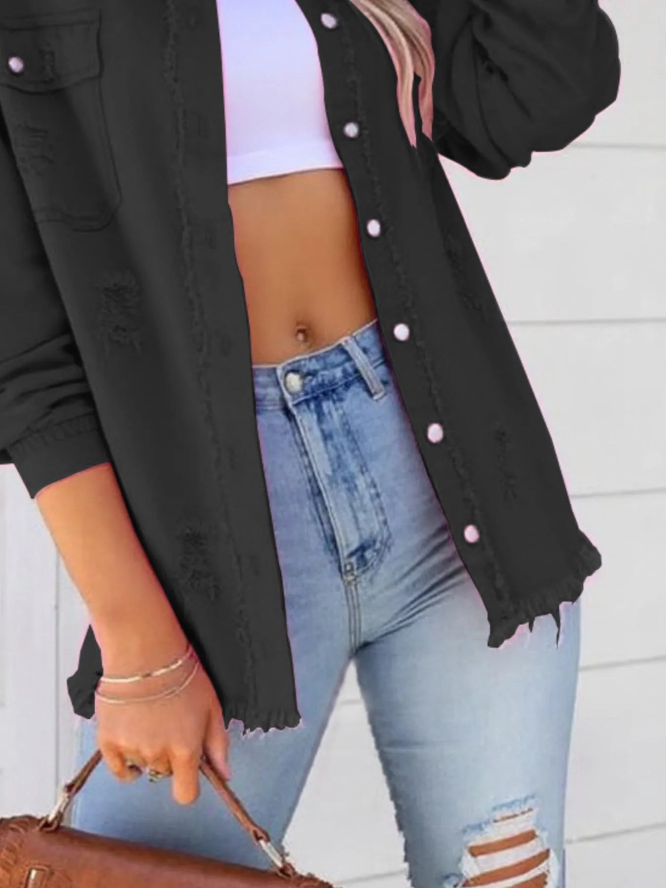 Distressed Denim Jacket with Frayed Edges - cas7m