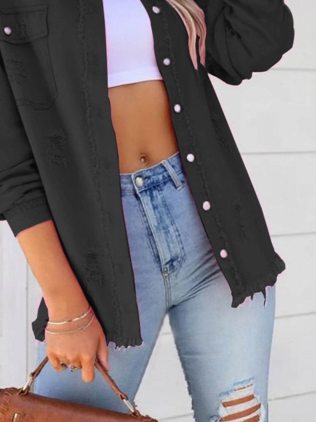 Distressed Denim Jacket with Frayed Edges - cas7m