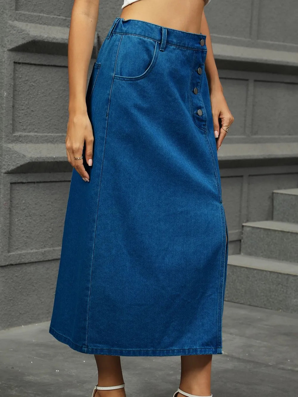 Slit Button Detail Denim Midi Skirt - cas7m