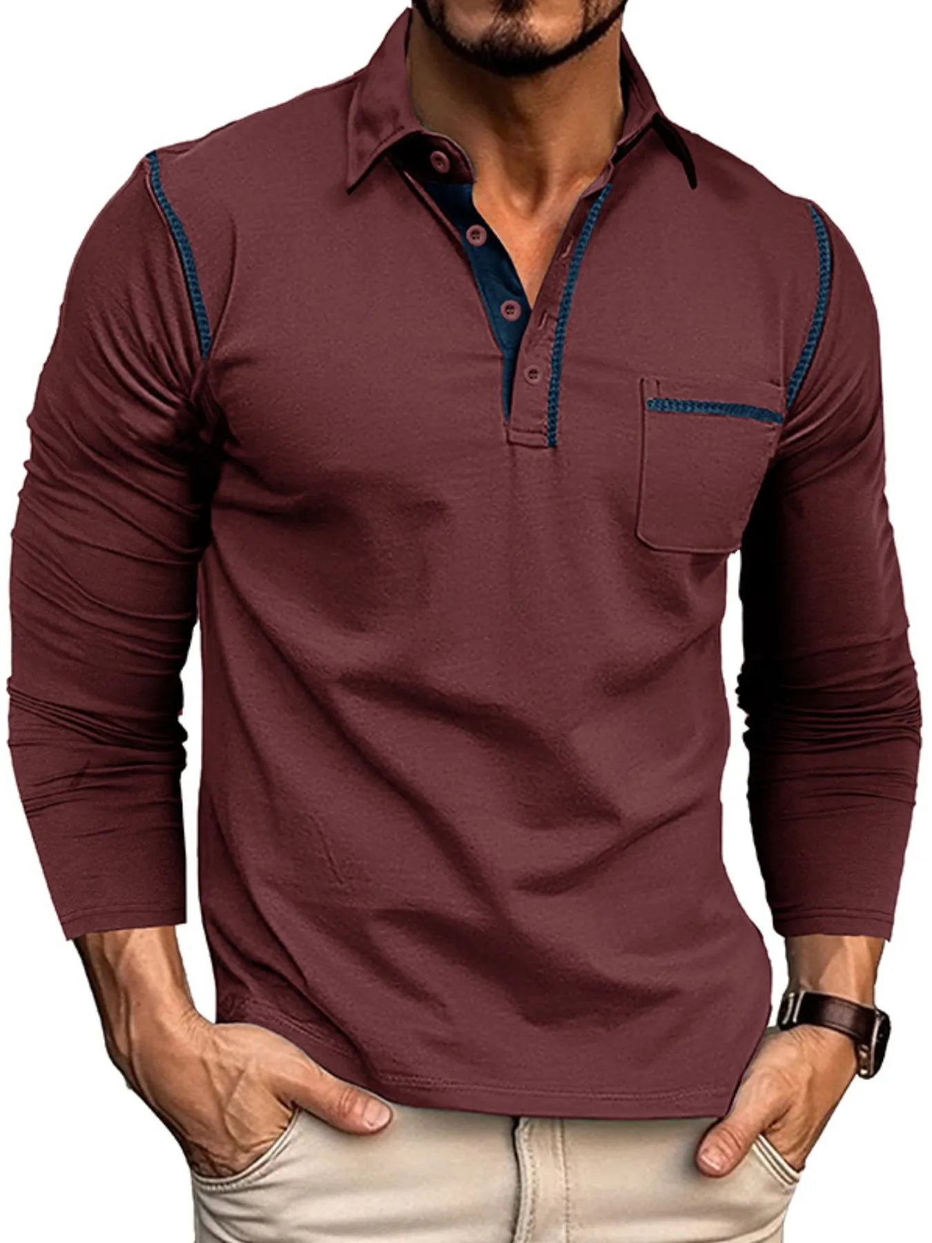Men's Long Sleeve Polo Shirt with Contrast Stitching - cas7m