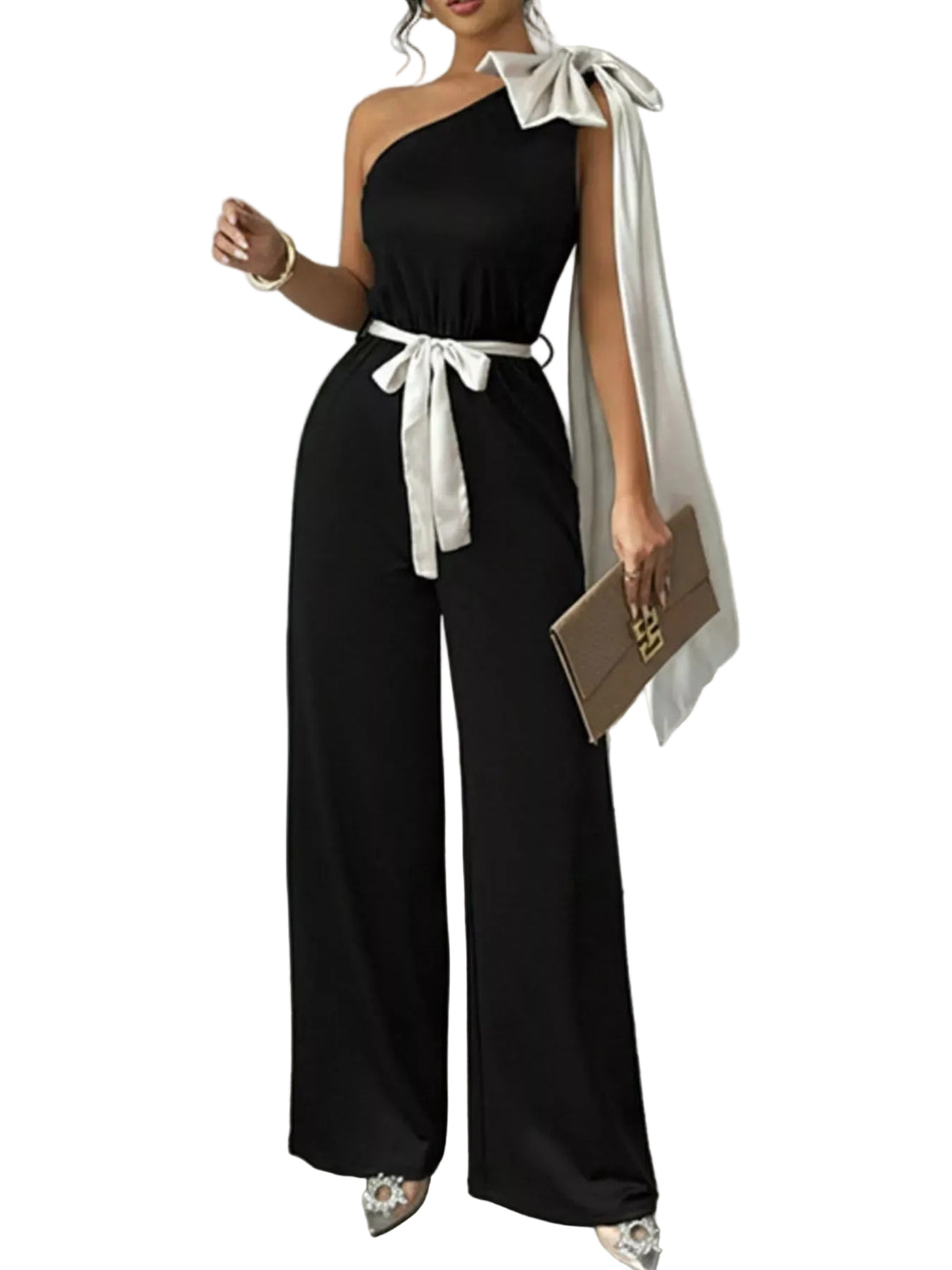One-Shoulder Bowknot Wide Leg Jumpsuit - cas7m