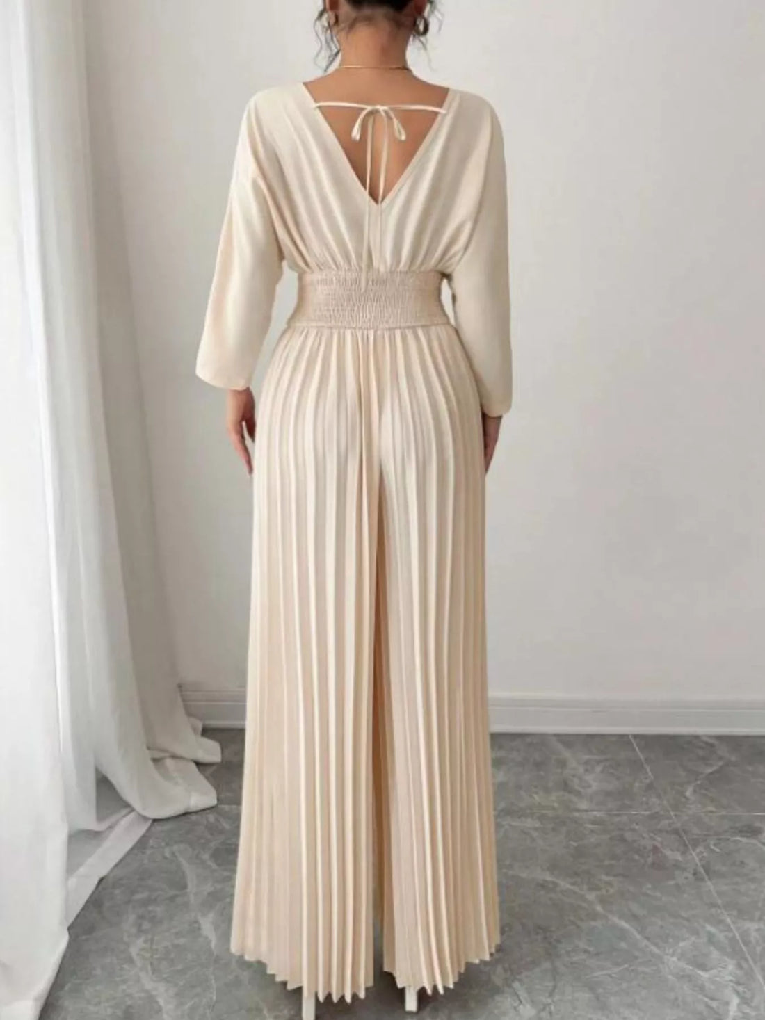 Surplice Pleated Wide Leg Jumpsuit - cas7m