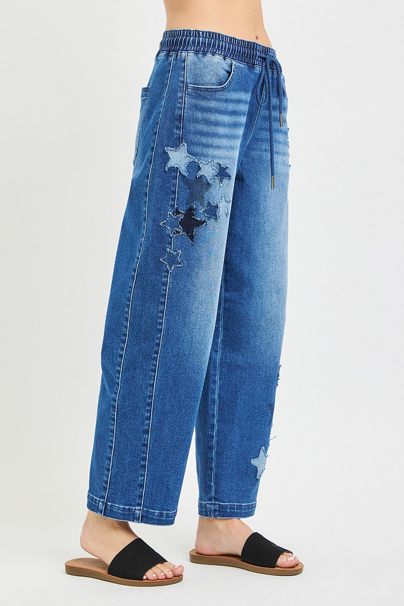 RISEN Elastic Band Slouchy Cropped Barrel with Star Patch - cas7m