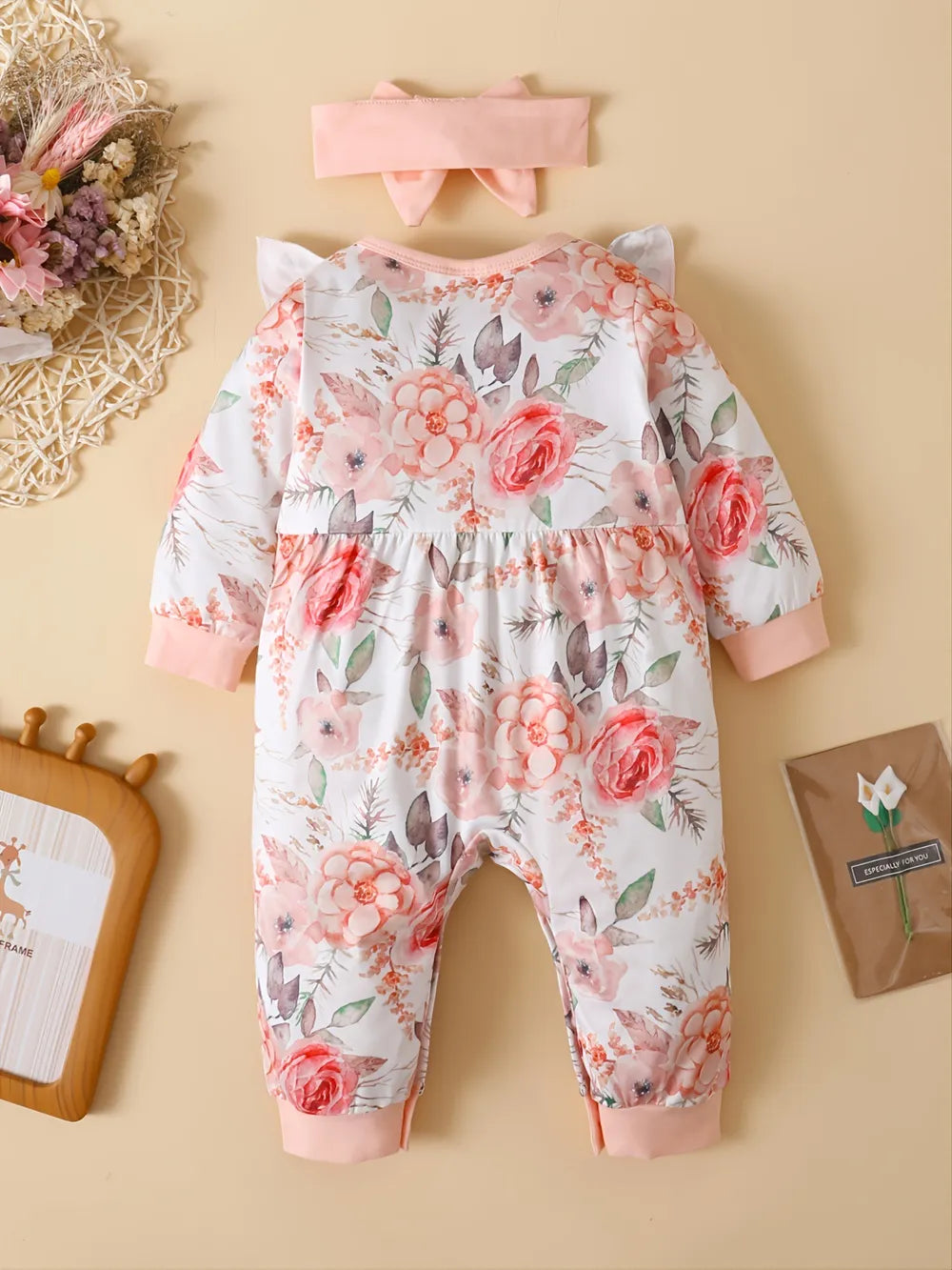 Ruffled Floral Round Neck Jumpsuit with Headband - cas7m