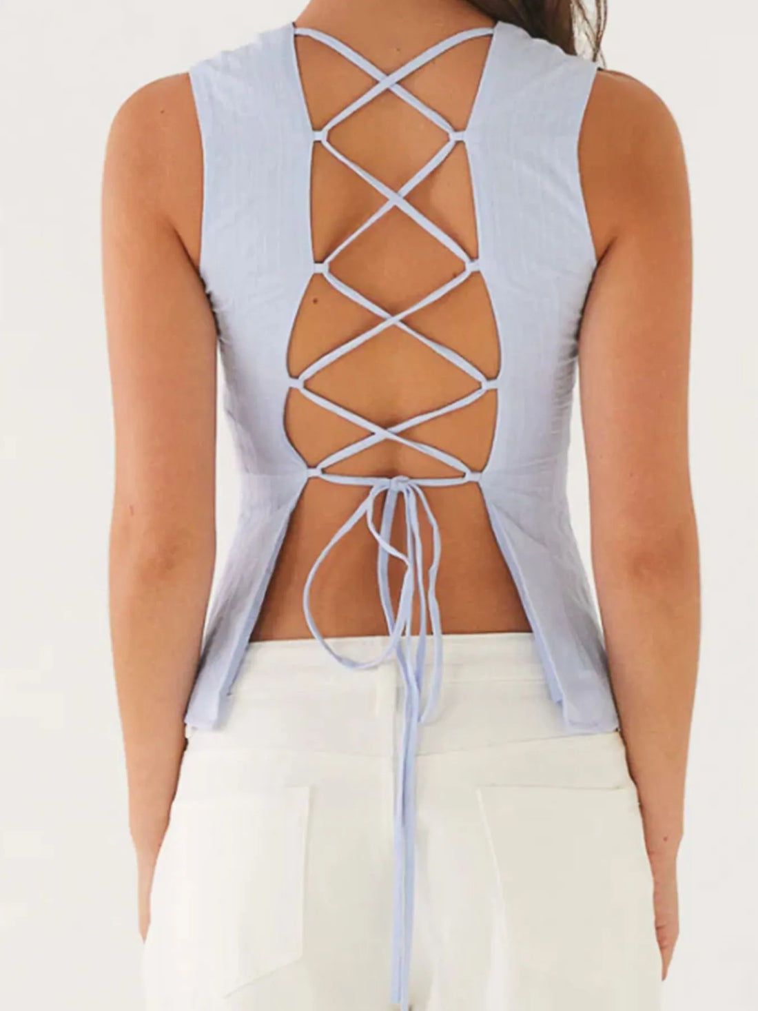 Back Lace Up Sleeveless Top with Cinched Waist Design - cas7m