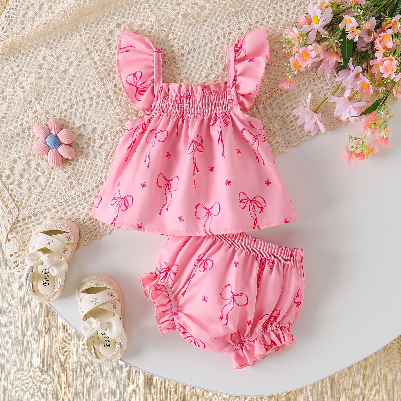 Womens Loose Set With Puffed Sleeves Bow Tie And Floral Print - cas7m