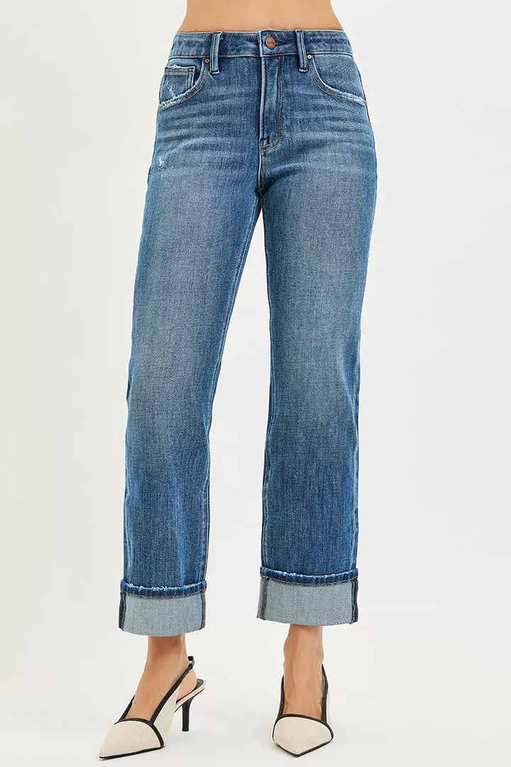 RISEN Full Size 4 Way Stretch Slouchy Straight Jeans with Cuffed Hem Plus Size - cas7m
