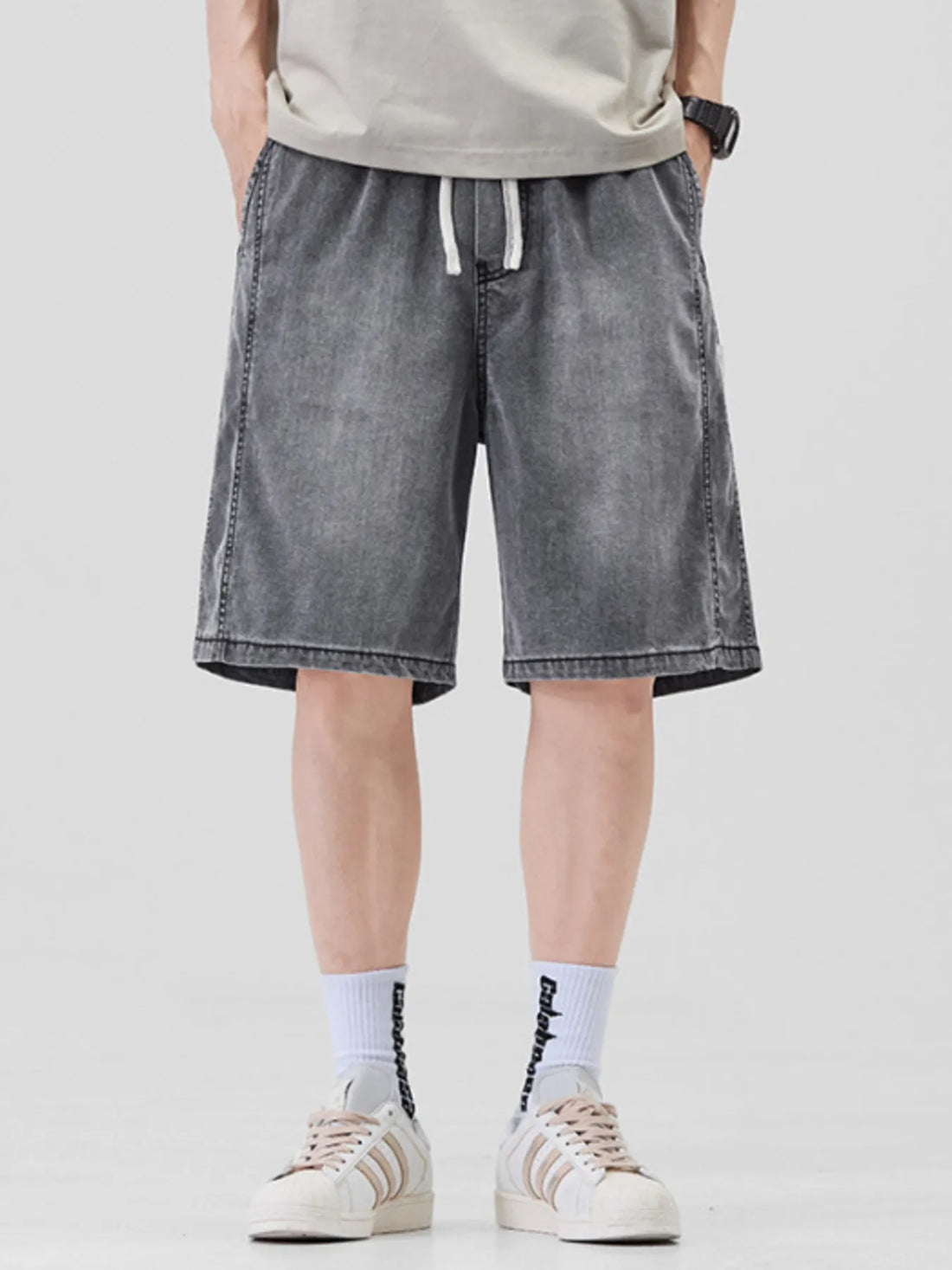 Men's Plus Size Casual Loose Fit Denim Shorts with Drawstring - cas7m