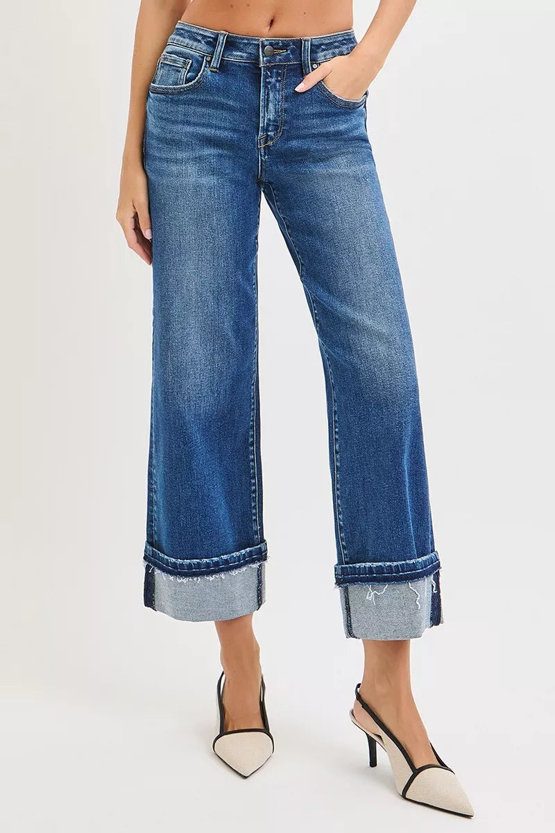 RISEN Mid Rise Ankle Straight Jeans with Cuffed Hem - cas7m