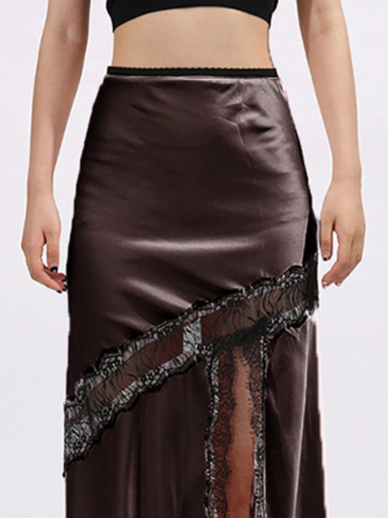 Lace Trim Asymmetrical Midi Skirt - cas7m