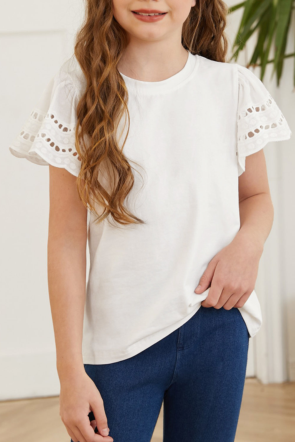 Round Neck Flutter Sleeve T-Shirt - cas7m