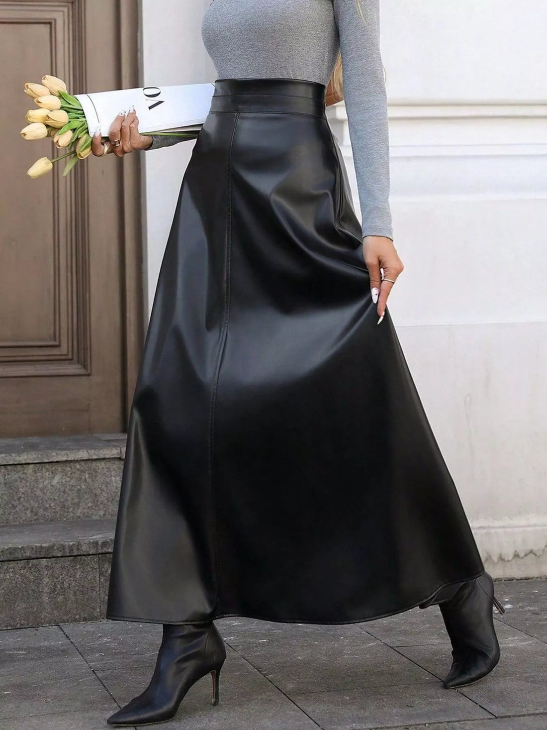 Leather A-Line Midi Skirt - cas7m