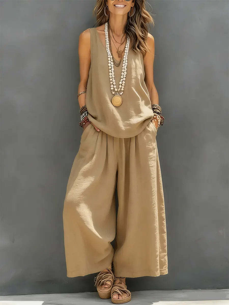 Womens Solid-Colored Casual Sleeveless Tank Top And Wide-Leg Pants Cotton-Linen Set For Daily Wear Holiday Outfit - cas7m