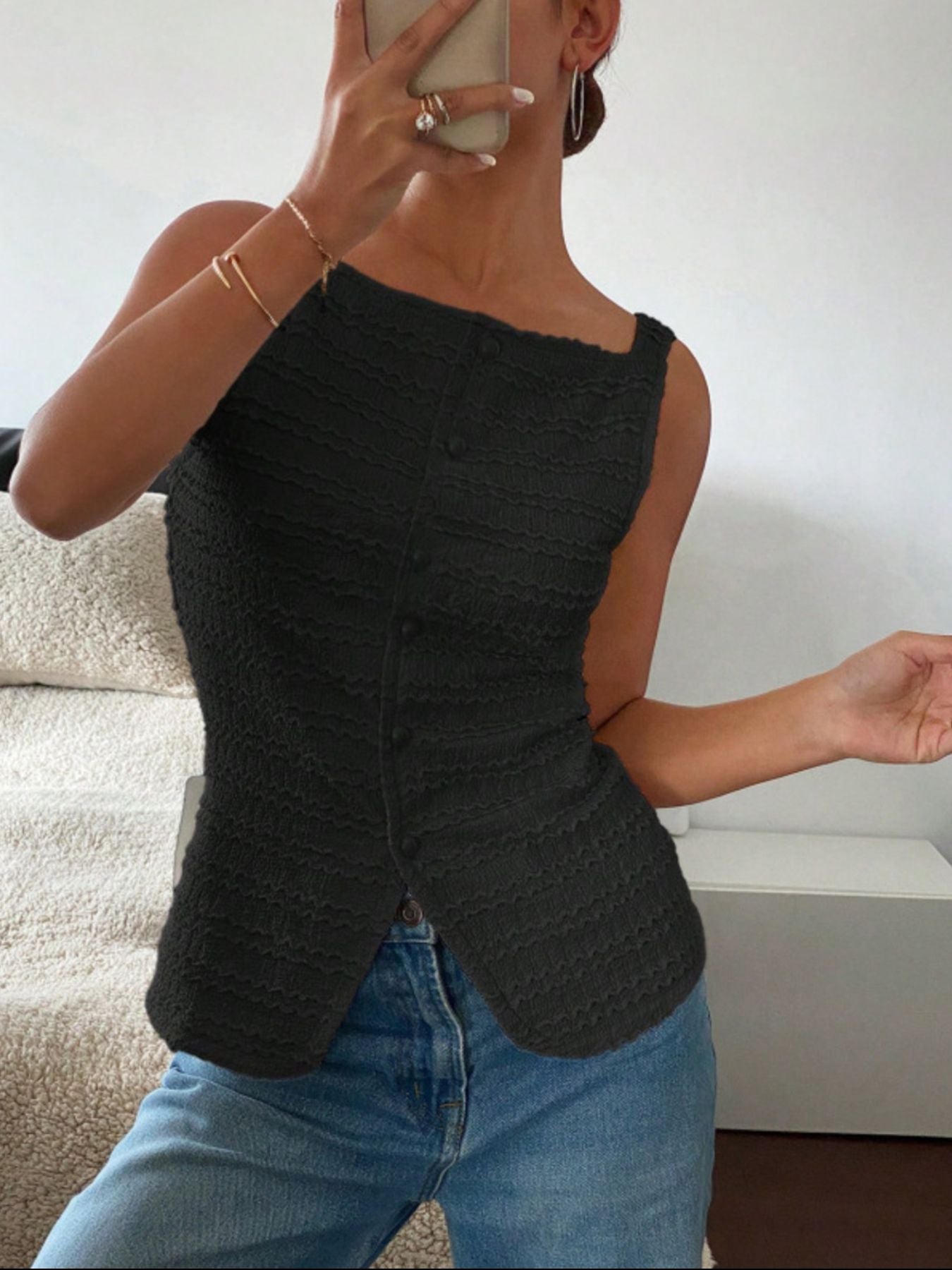 Textured Button-Front Tank - cas7m