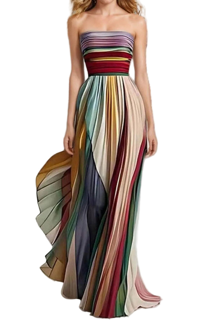 Striped Pleated Strapless Maxi Dress - cas7m
