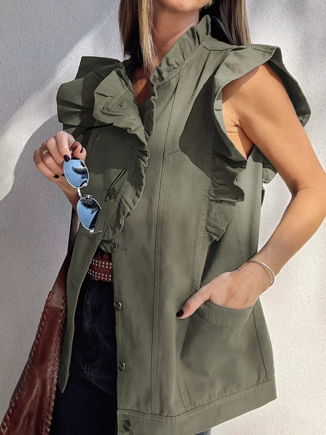 Ruffled Patchwork Denim Jacket Vest - cas7m