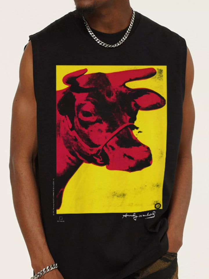 Men's Cow Graphic Round Neck Tank - cas7m