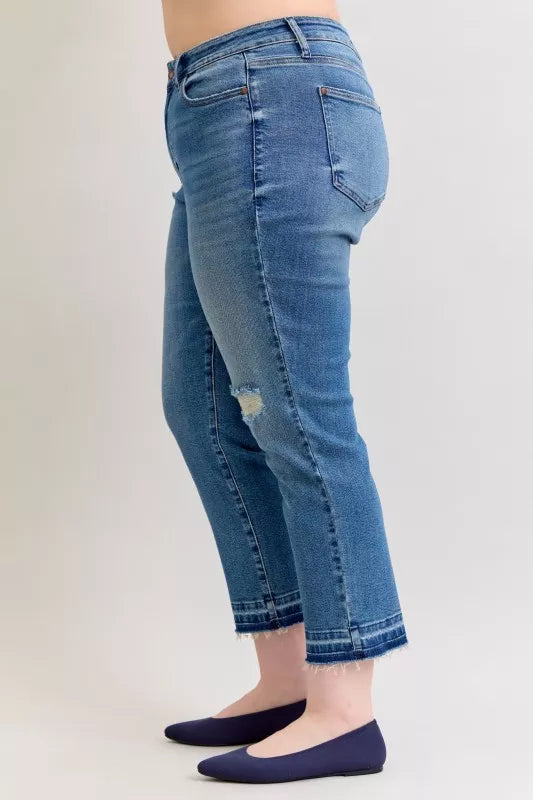 Judy Blue Full Size Mid Rise Bf Patch & Repair Destroy Release Hem Jeans Plus Size - cas7m